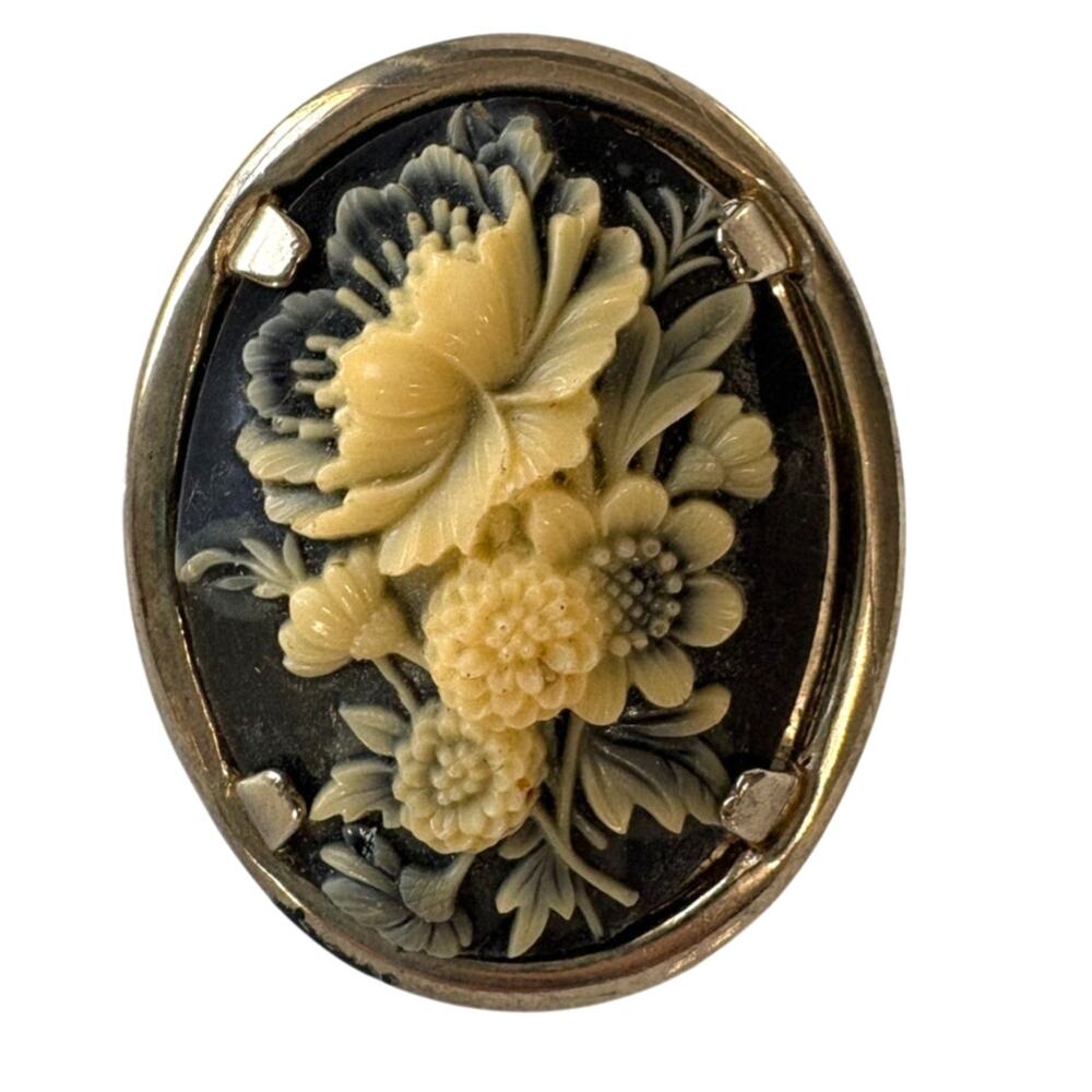 Gold Tone Vintage Floral Cameo Brooch | Carved Flower Bouquet Pin